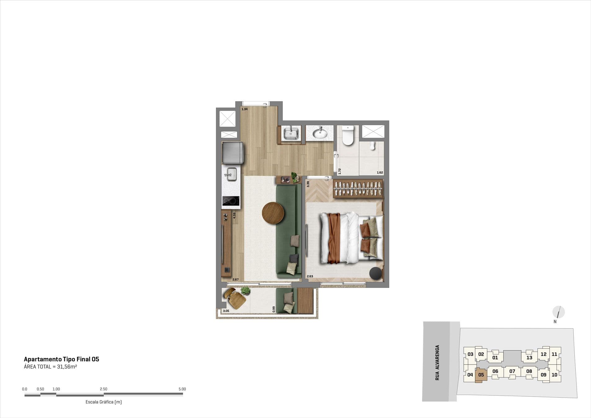 Planta do apartamento de 1 dorm - 31m² - Final 5