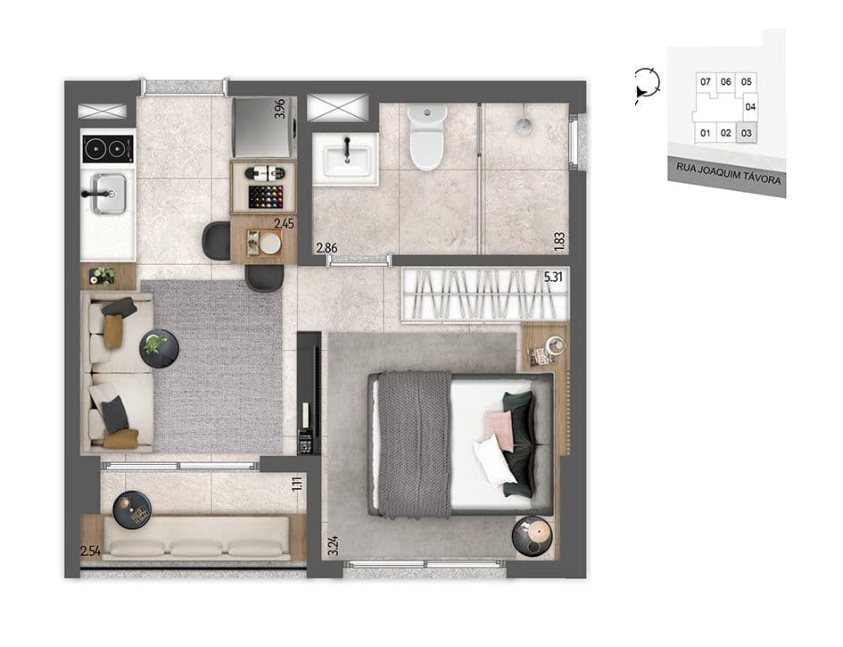 Planta do apartamento studio com 27,66m² - Final 03