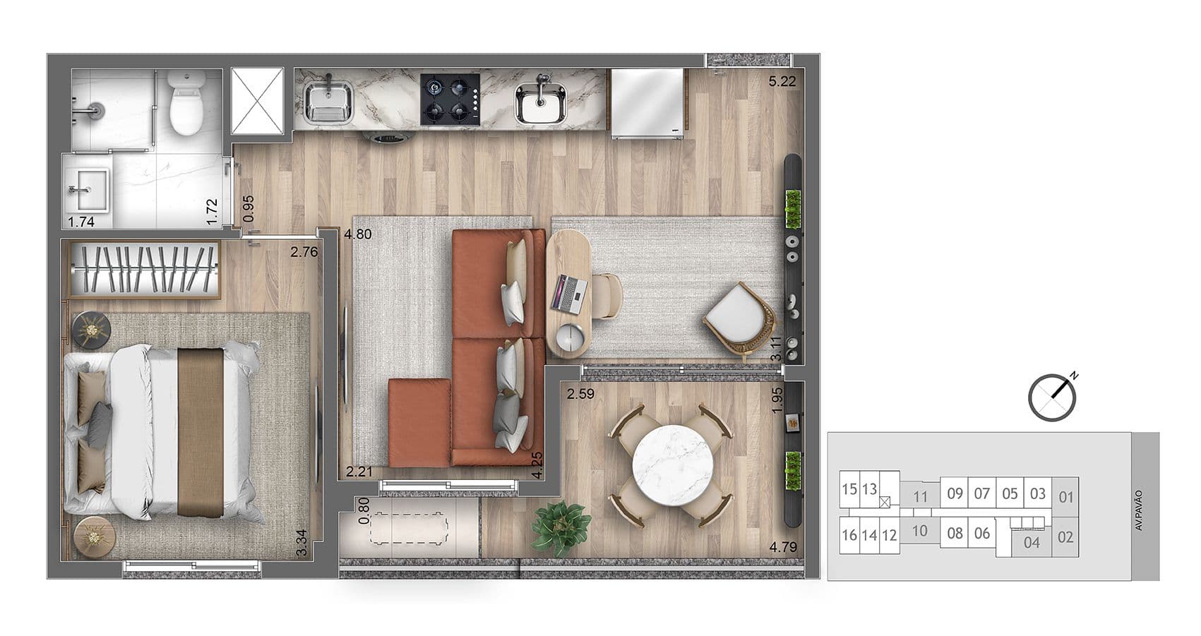 Planta Ampliada - 1 Dorm - 39,33m²