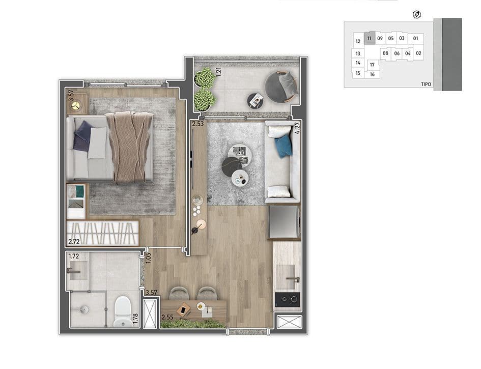 30m² | 1 dormitório | final 11