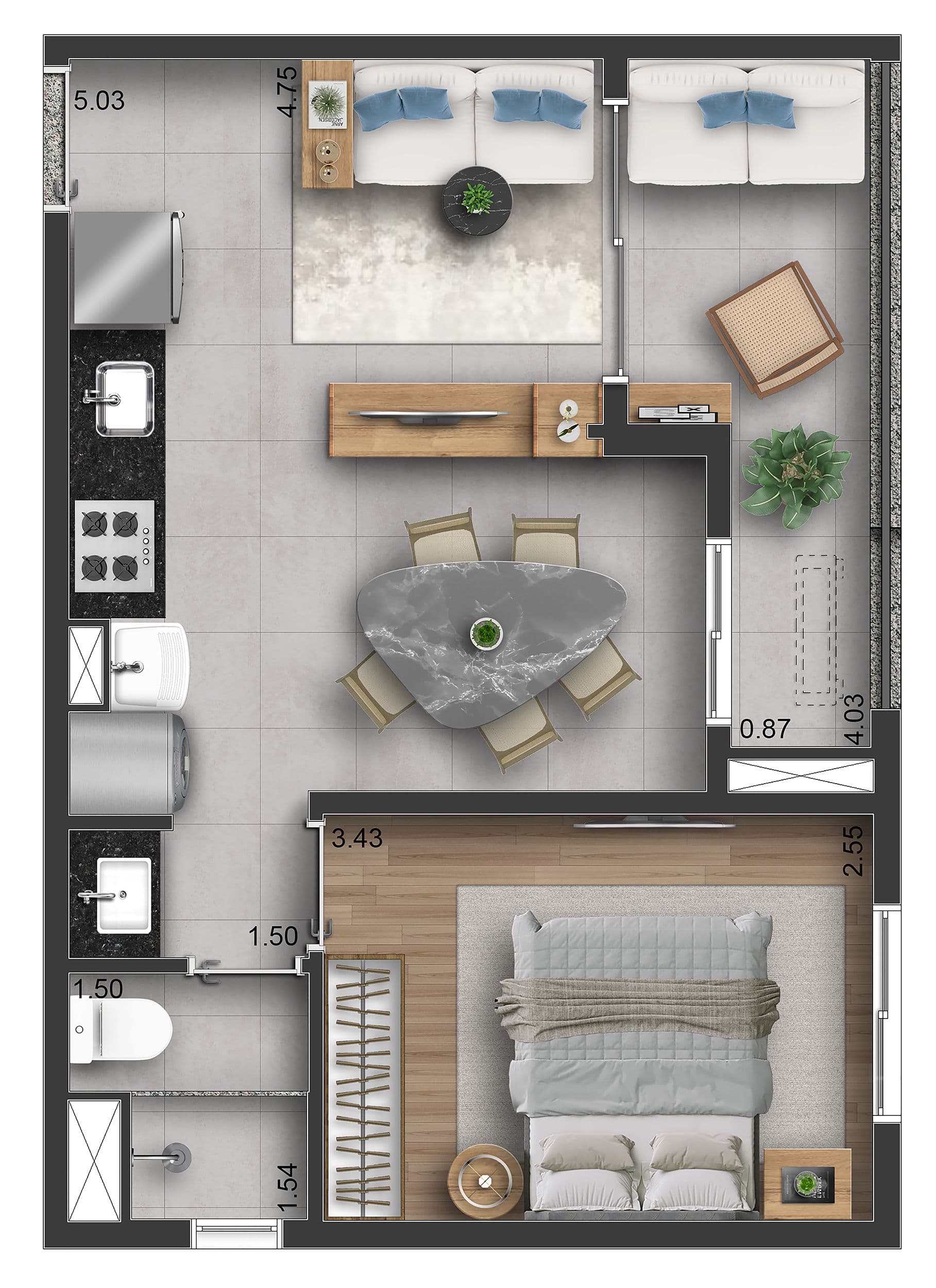 Planta tipo - 2 dorms - 40m² (living ampliado)