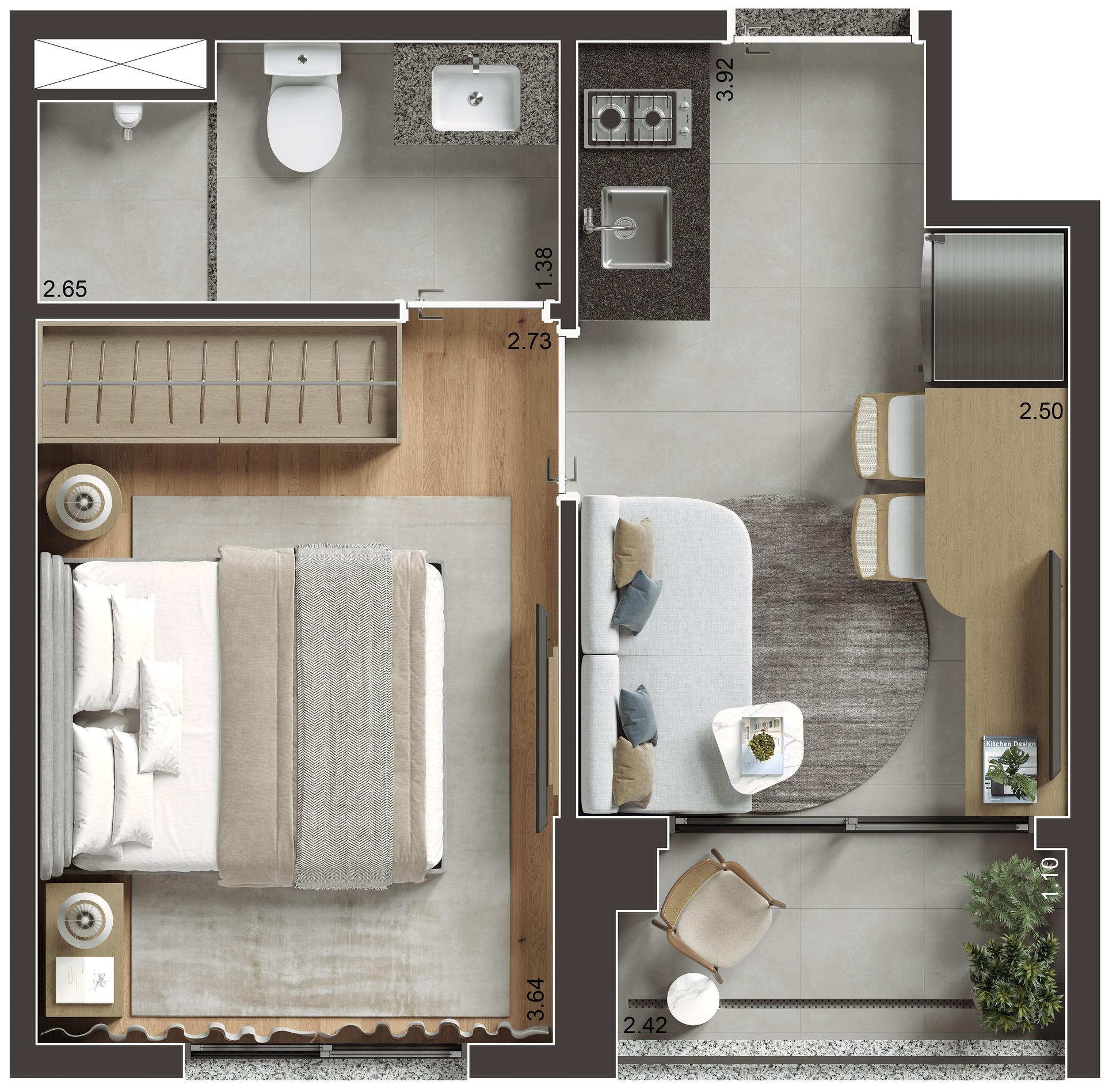 Planta do apartamento de 1 Dorm com 26m² - Final 11