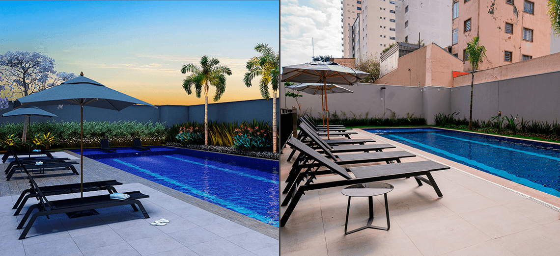 Perspectiva X Realidade da piscina do Today Pinheiros