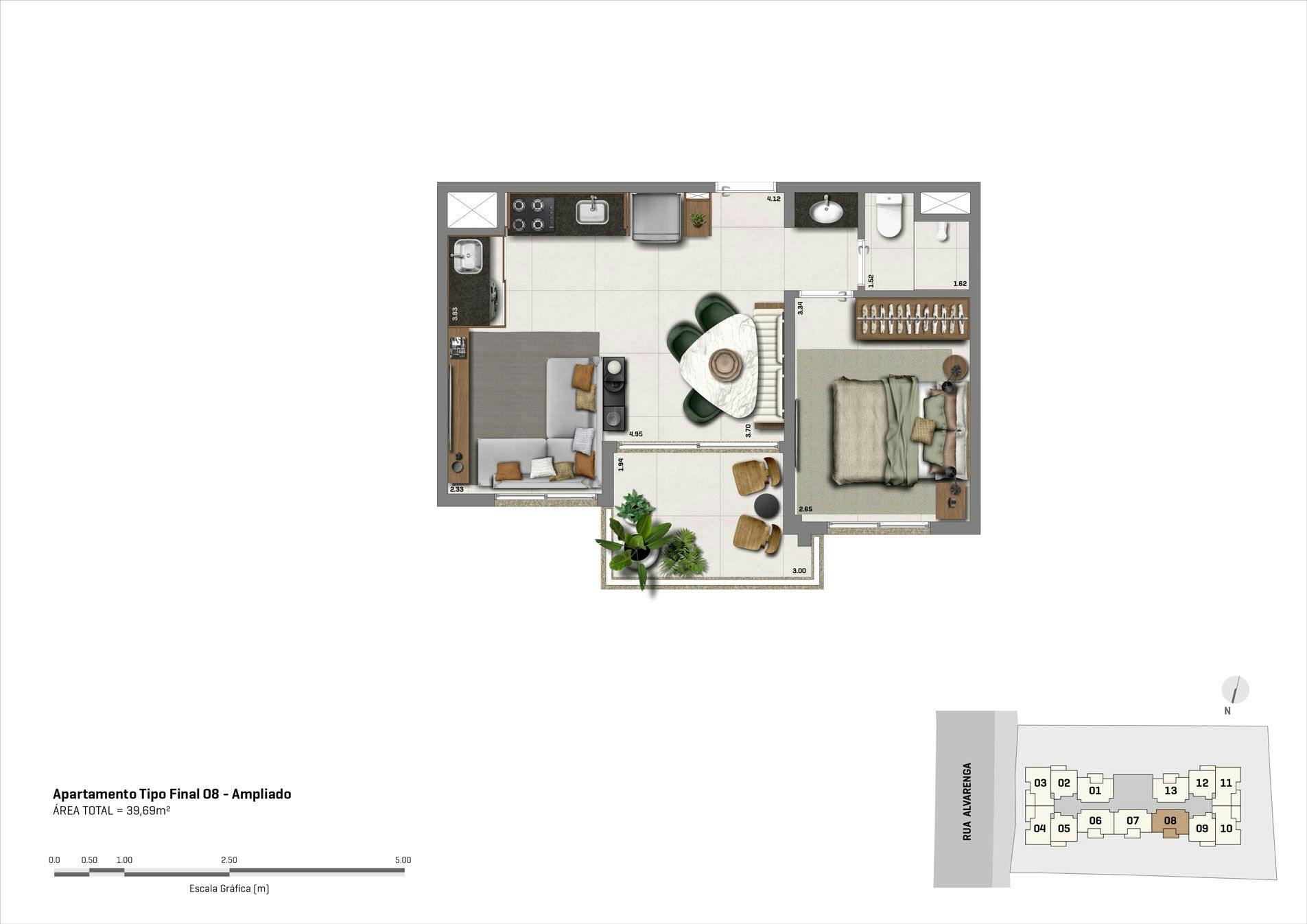 Planta do apartamento de  1 dorm - ampliado - 39m² - Final 8