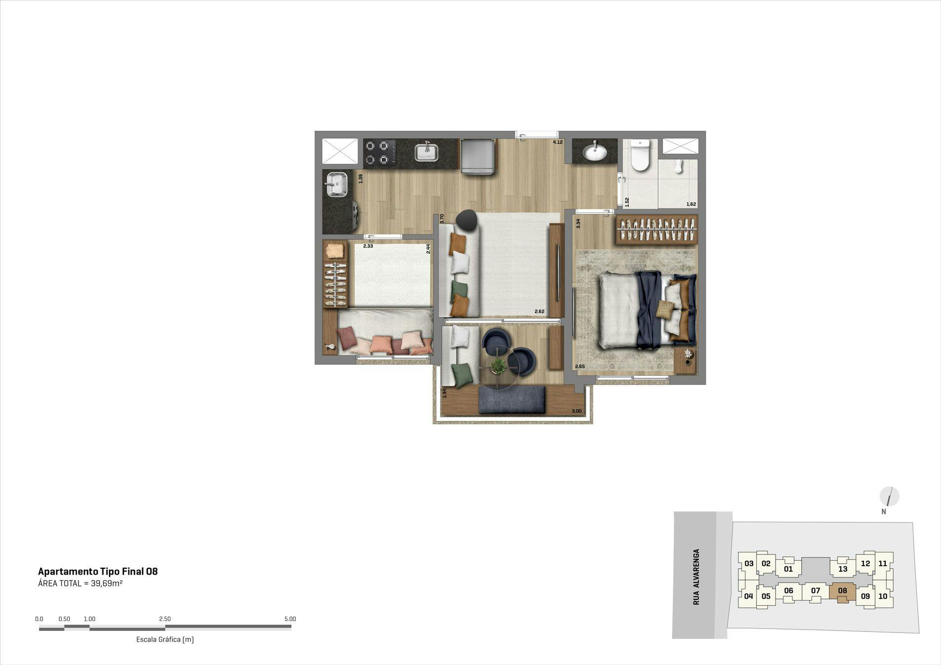 Planta do apartamento de  2 dorms - 40m² - Final 8