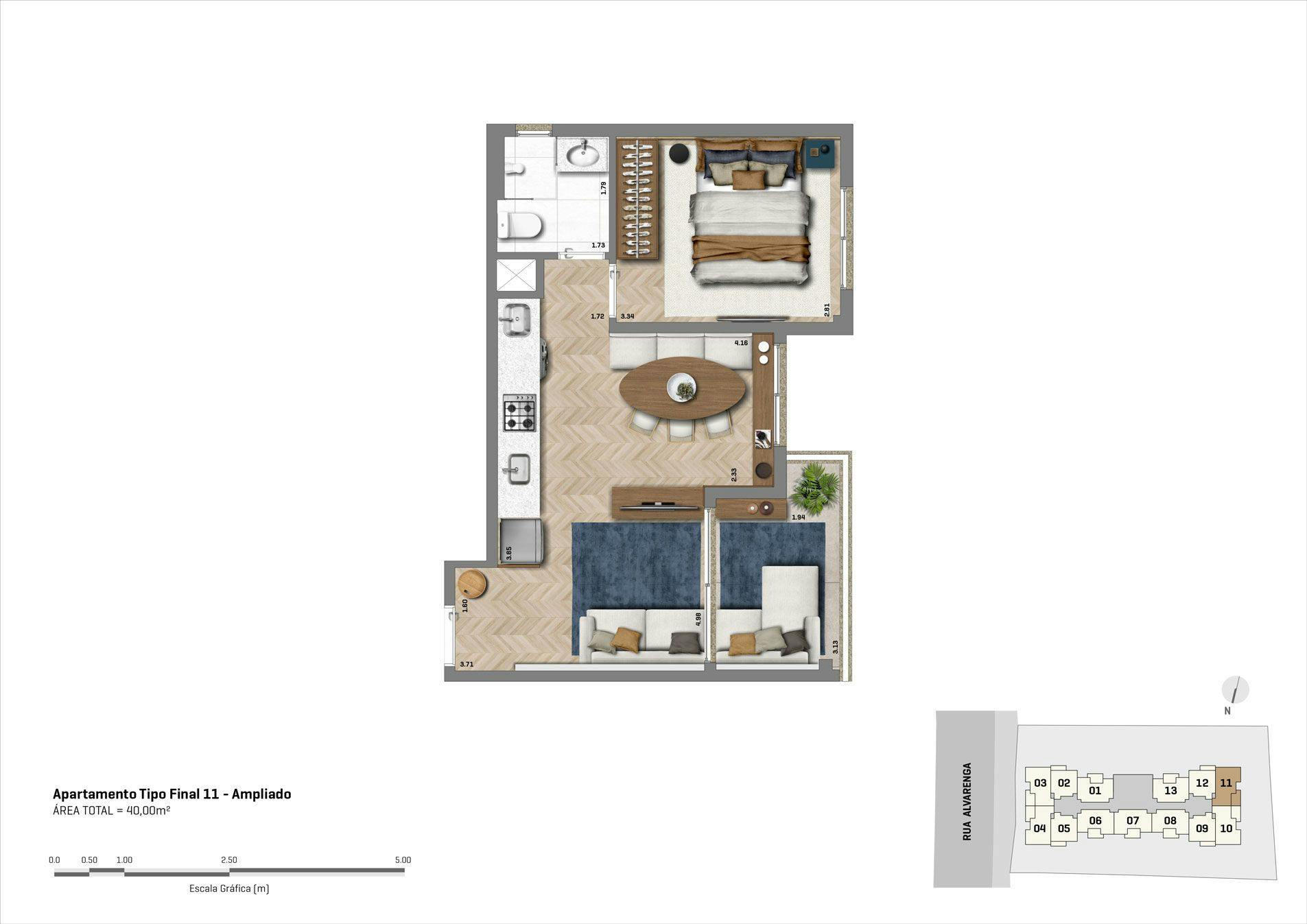 Planta do apartamento de  1 dorm - ampliado - 40m² - Final 11
