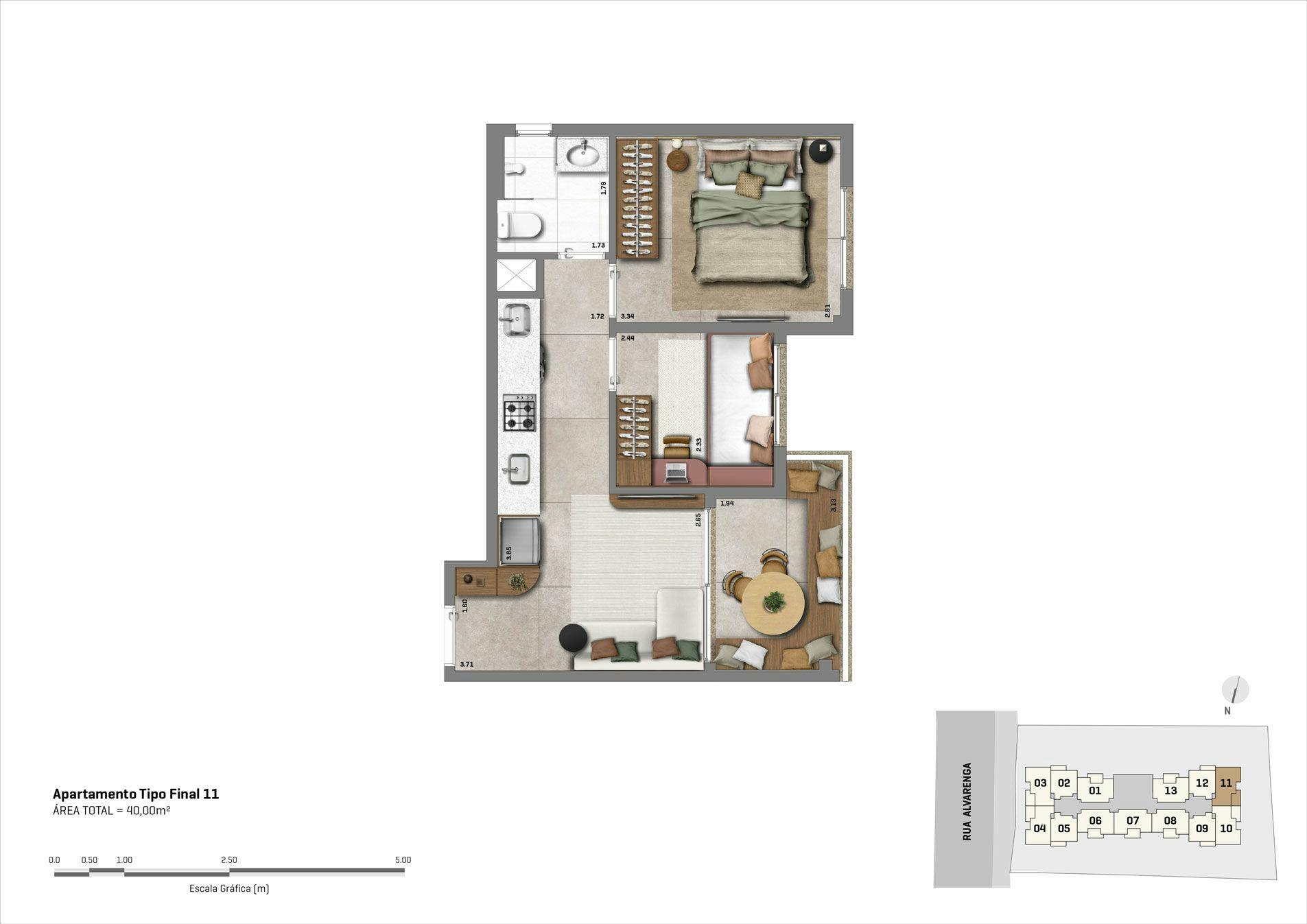 Planta do apartamento de  2 dorms - 40m² - Final 11