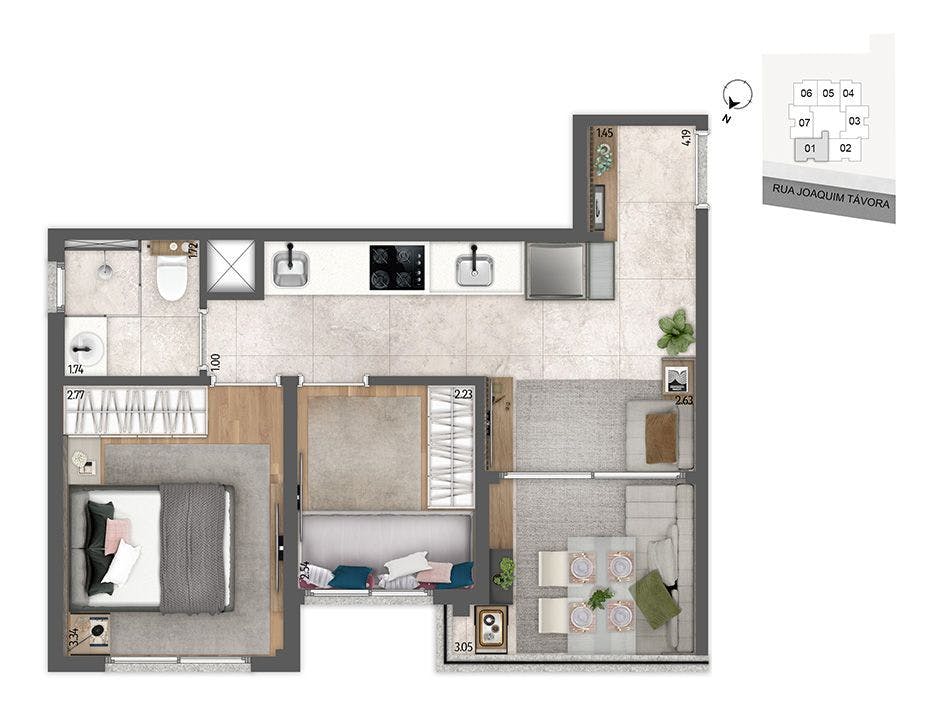 Planta do apartamento de 2 dorms com 40,65m² - Final 01