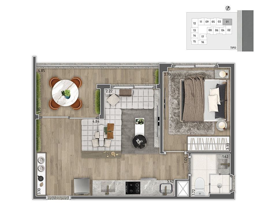39,41m² | 1 dormitório | final 01 (Opção living ampliado)