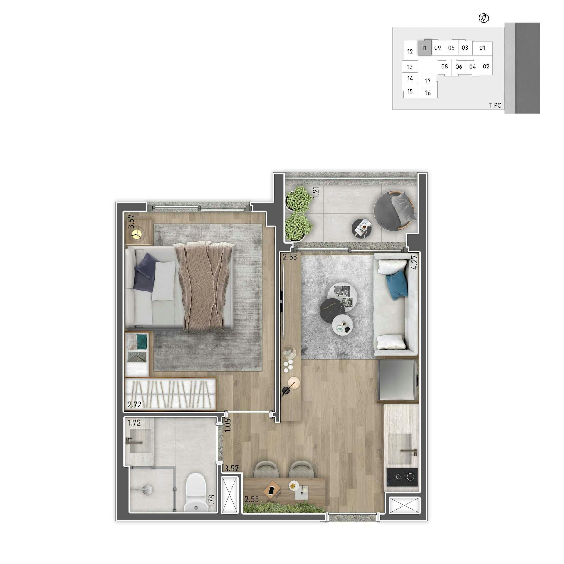39m² | 1 Dormitório (living ampliado) | final 01