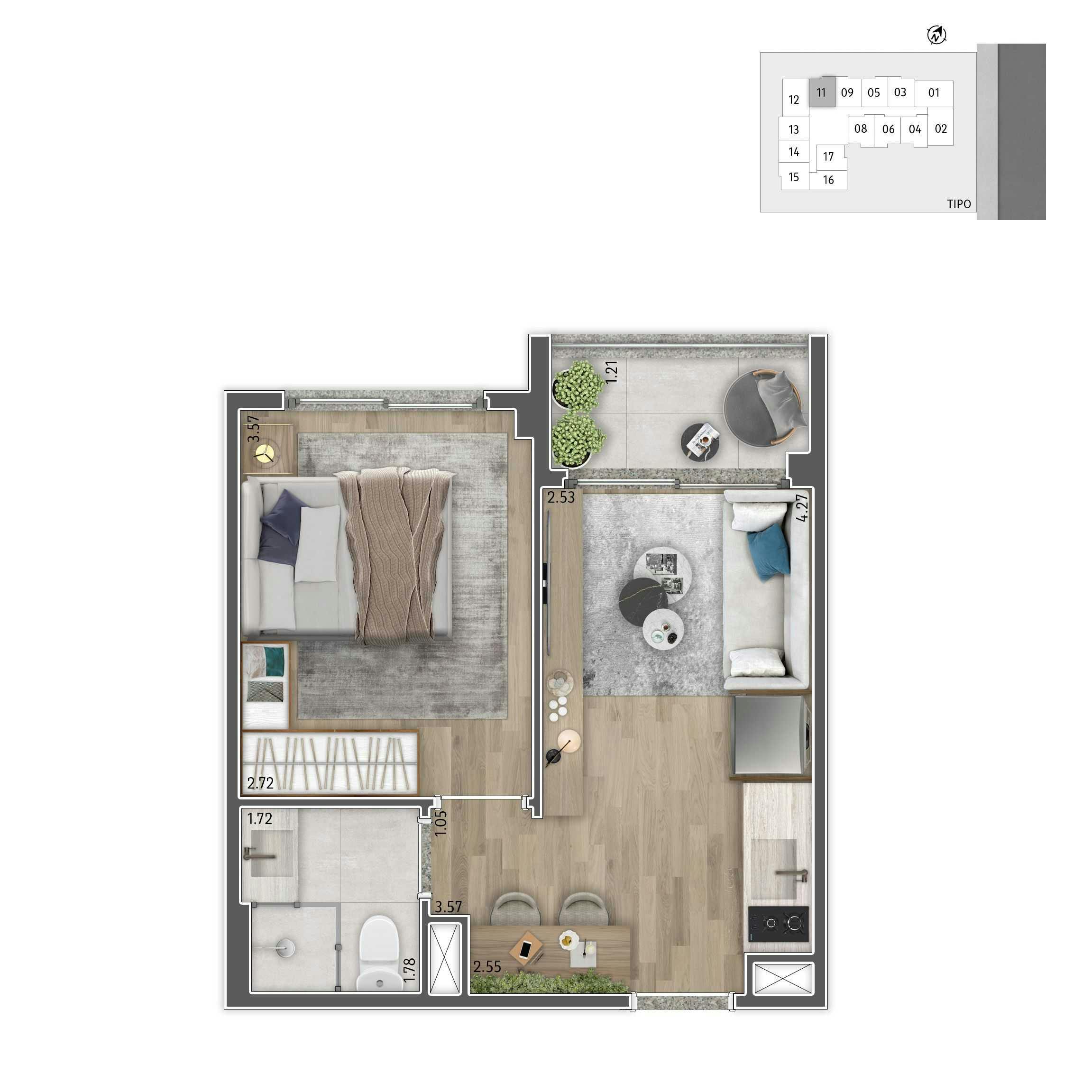 39m² | 1 Dormitório (living ampliado) | final 01