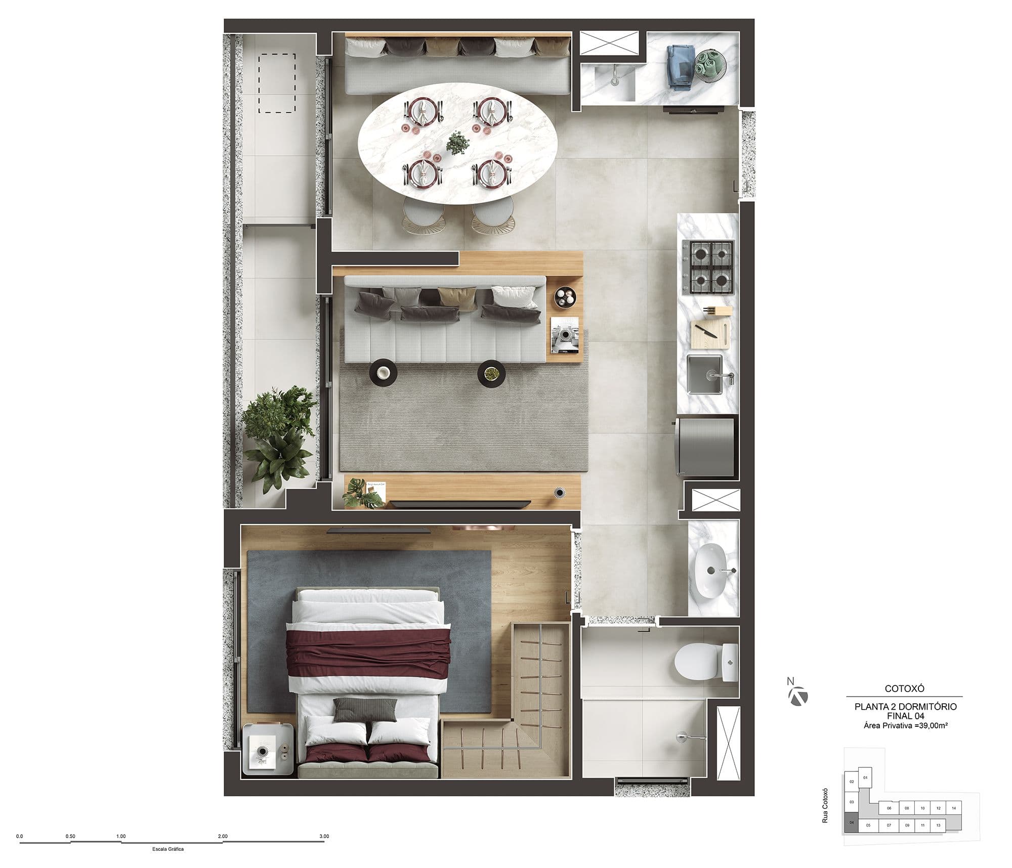 Planta Tipo - 2 dorms - 38m² - Opção Living Ampliado