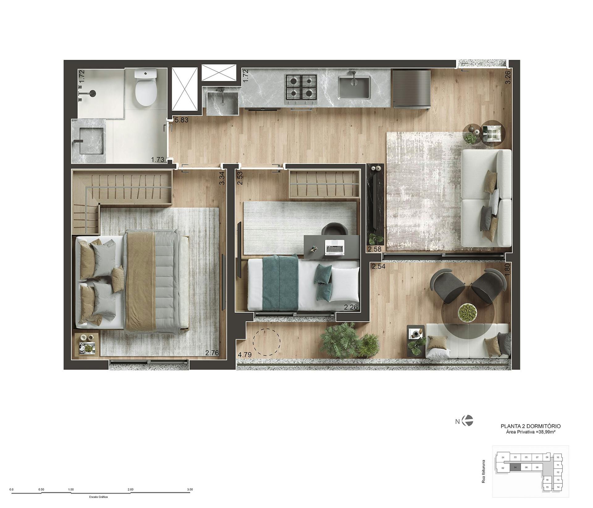 Perspectiva artística do apartamento de 39m² com 2 dorms - Final 04