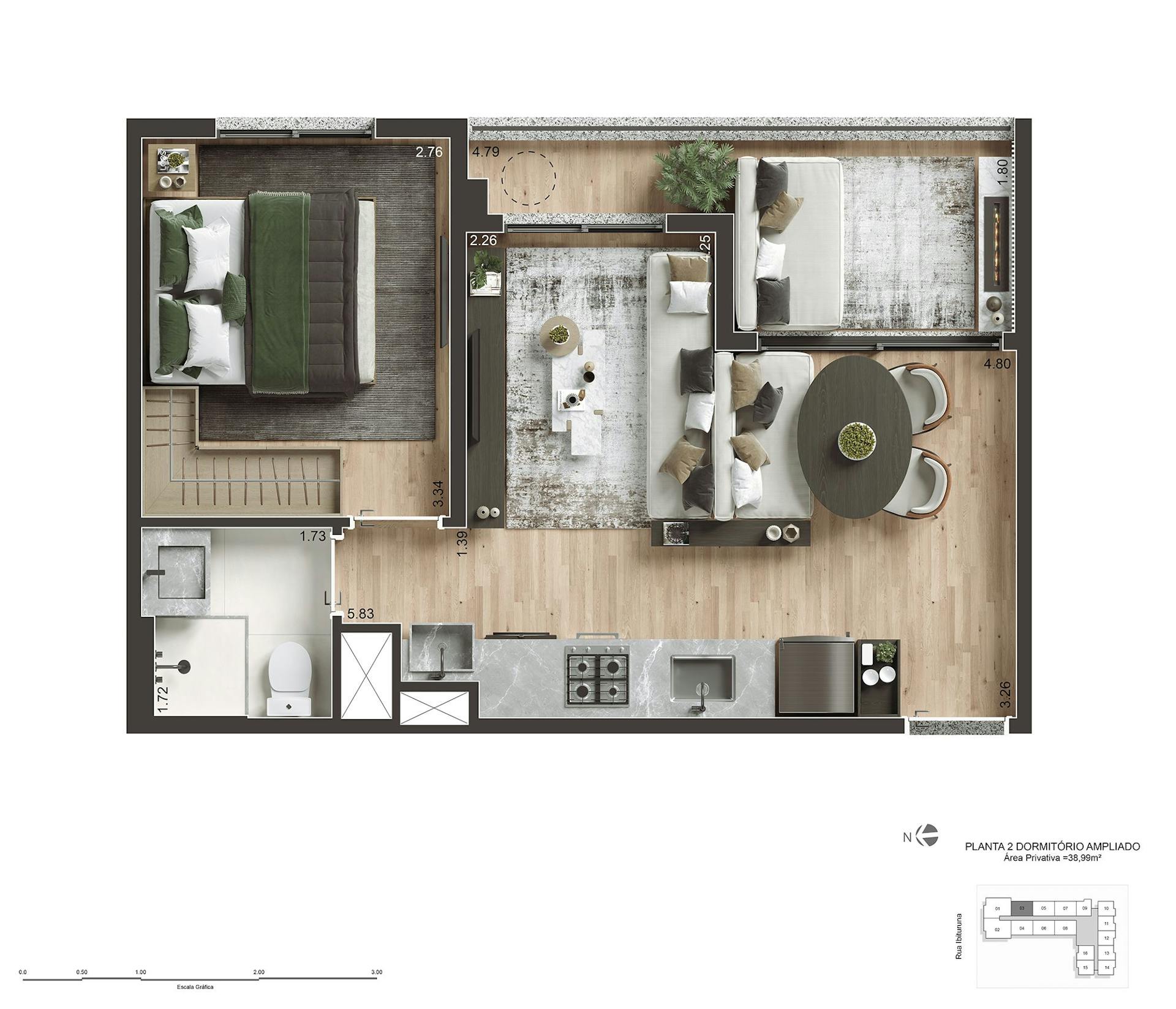 Perspectiva artística do apartamento de 39m² com 2 dorms e living ampliado - Final 03