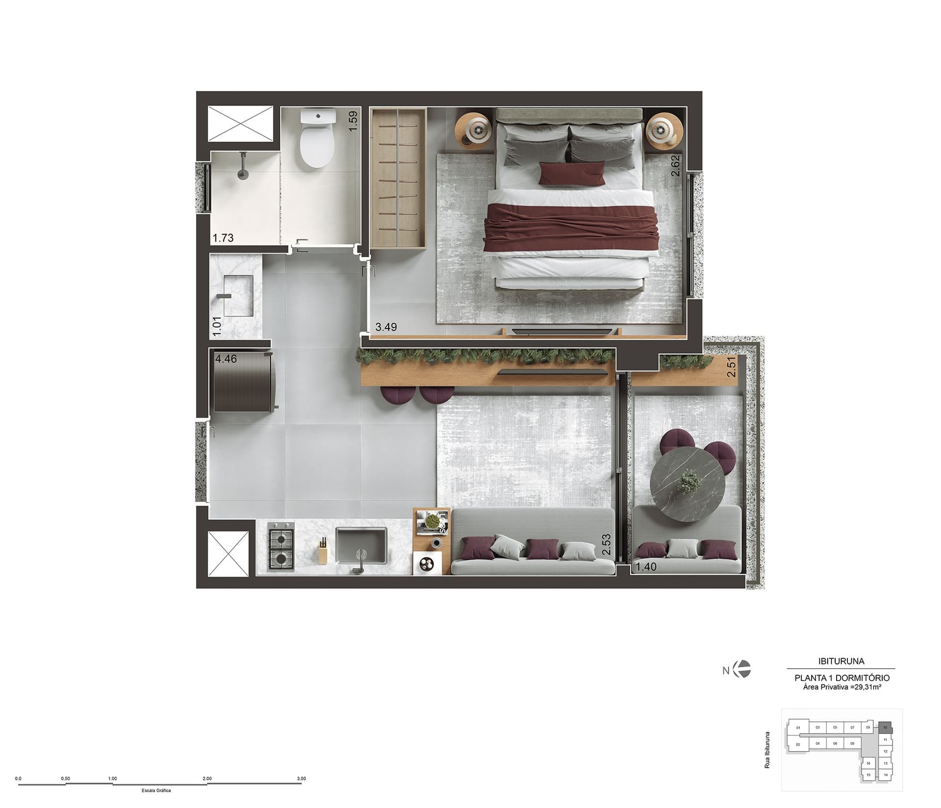 Planta do apartamento tipo de 1 dorm. com 29m² - Final 10 - do Today Saúde