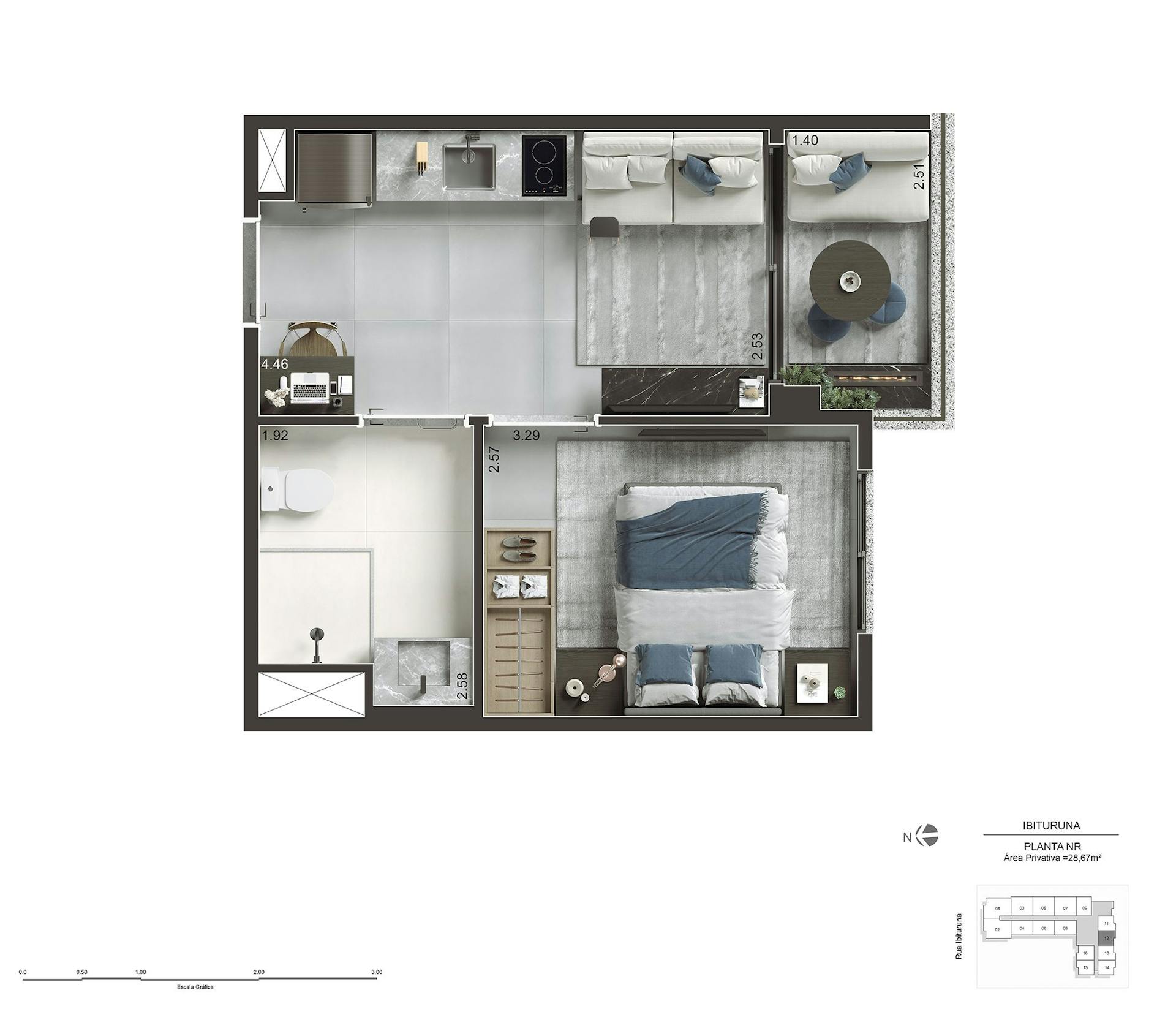 Perspectiva artística do apartamento NR de 28m² - Final 12
