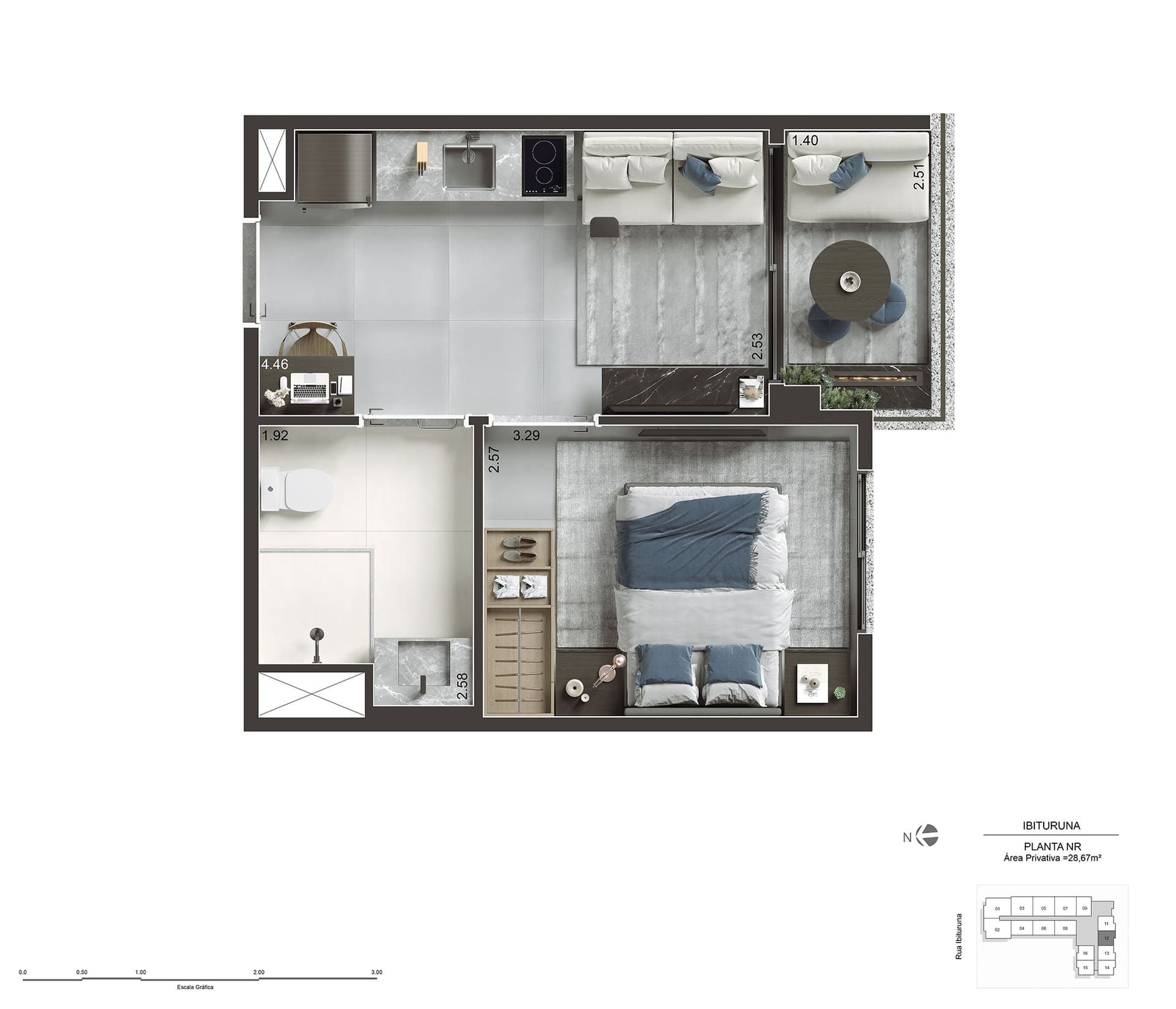 Planta do apartamento tipo Studio NR com 28m² - Final 12 - do Today Saúde