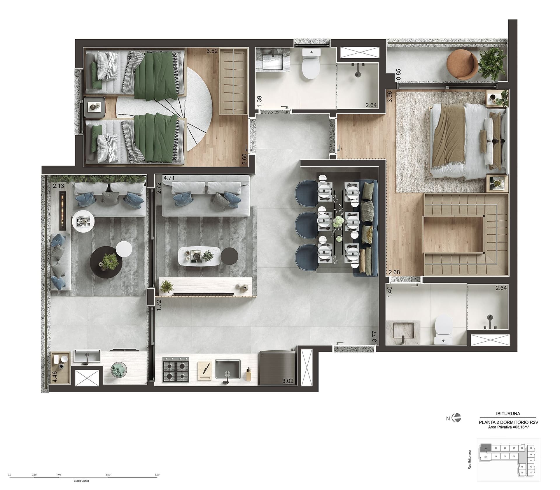Planta do apartamento tipo de 2 dorms. com 63m² e vaga de garagem - Final 01 - do Today Saúde