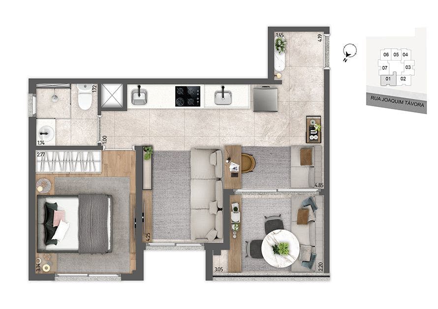 Planta do apartamento com living ampliado de 2 dorms com 40,65m² - Final 01