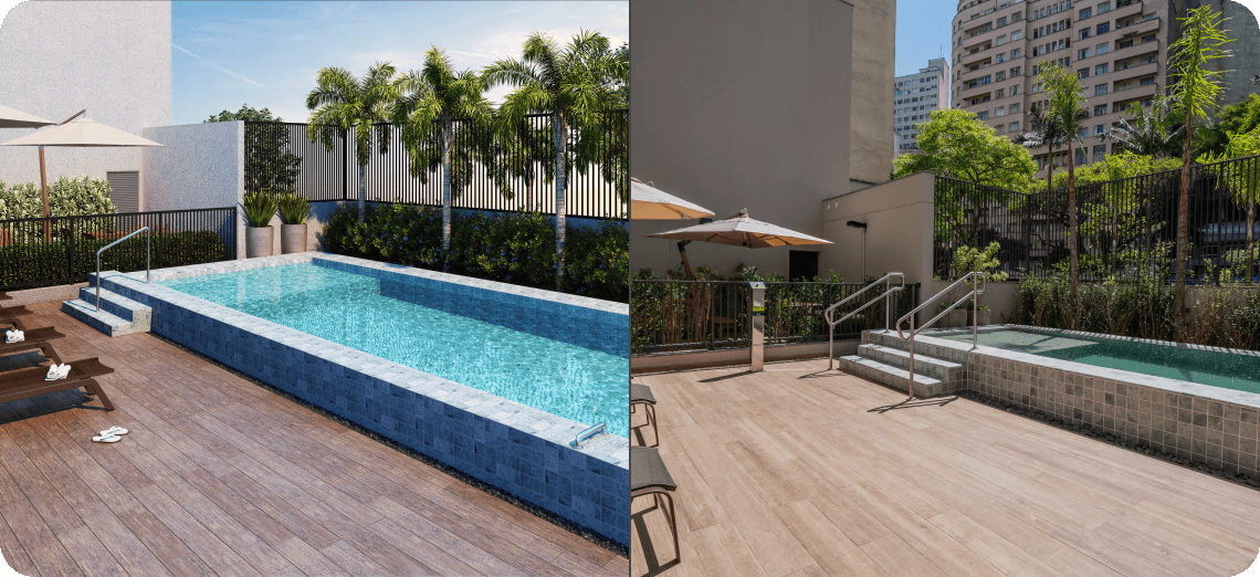 Perspectiva X Realidade da piscina do Today Brigadeiro